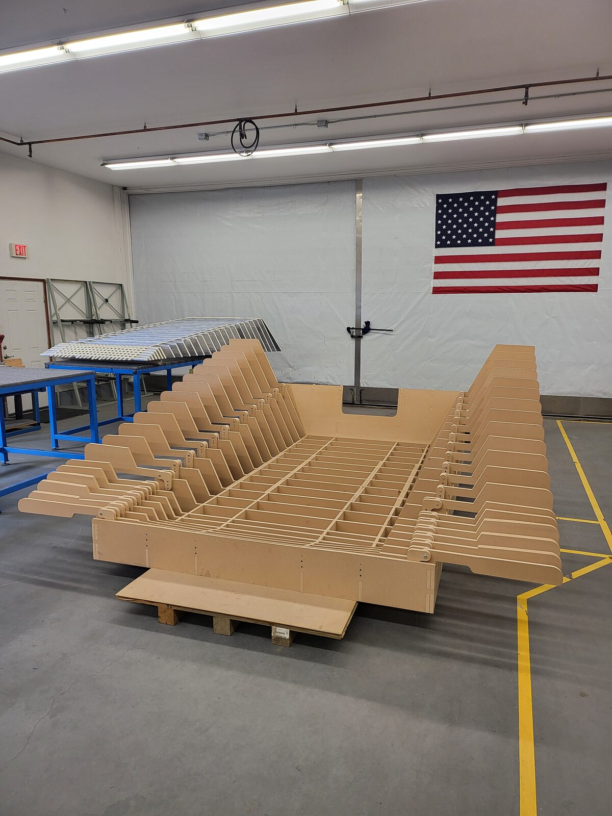 Routed MDF ribs racked in the shop