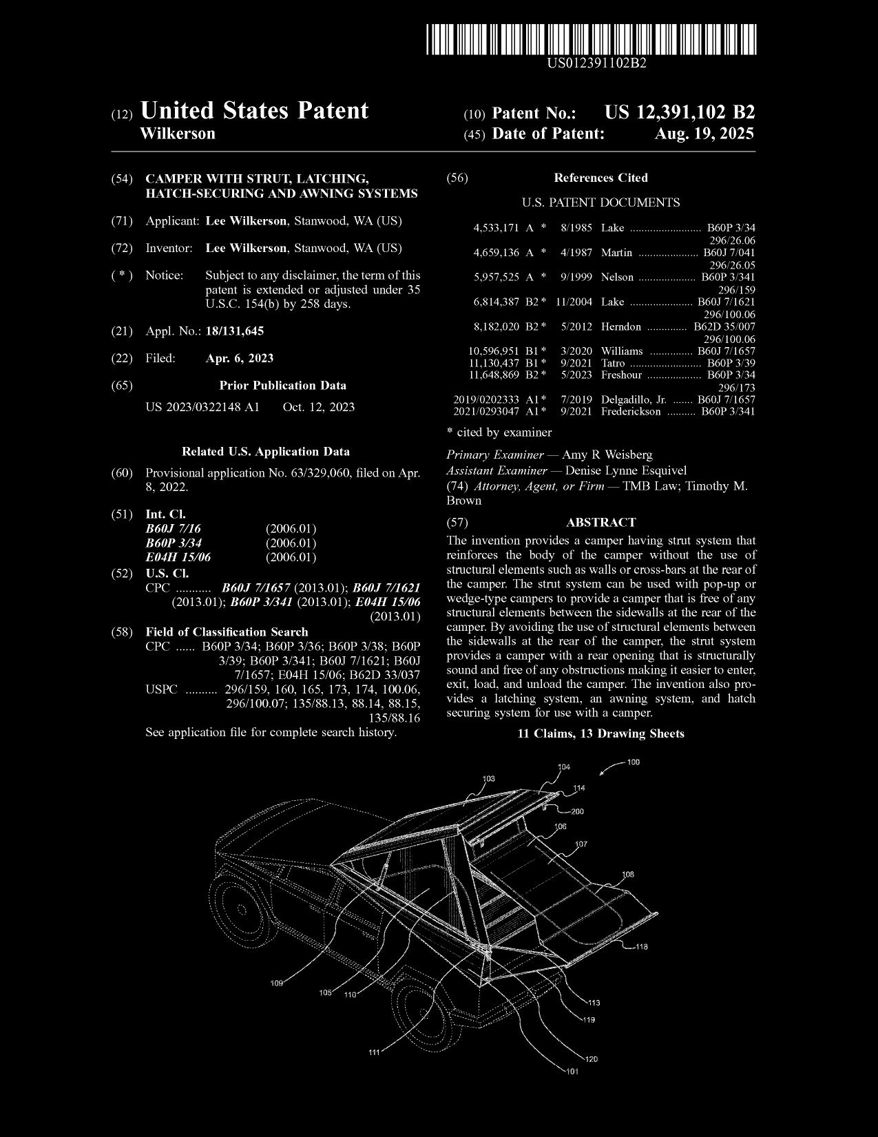 US Patent 12,391,102 B2 cover page, Camper with Strut, Latching, Hatch-Securing and Awning Systems