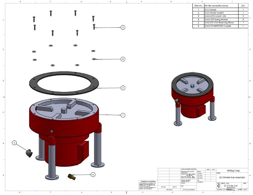 RFQ package page: exploded assembly drawing of the grinder sub-assembly